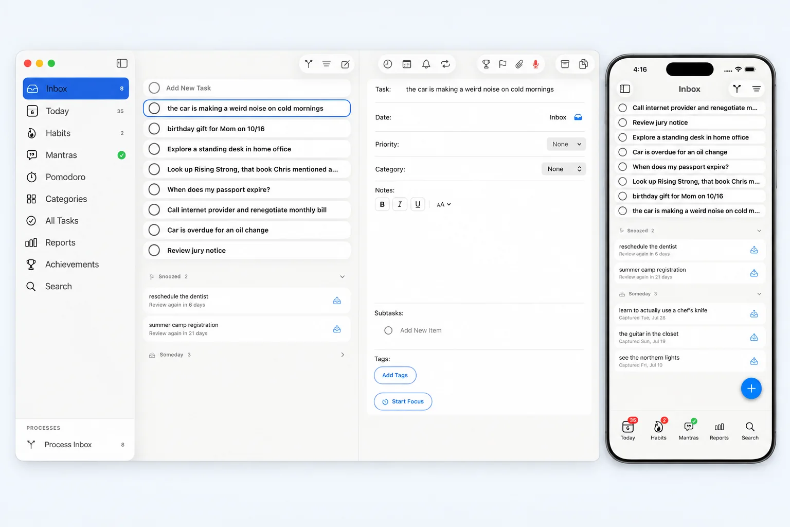 The PathDay Inbox on Mac and iPhone, showing the sidebar Inbox row with a waiting count and the Snoozed and Someday sections