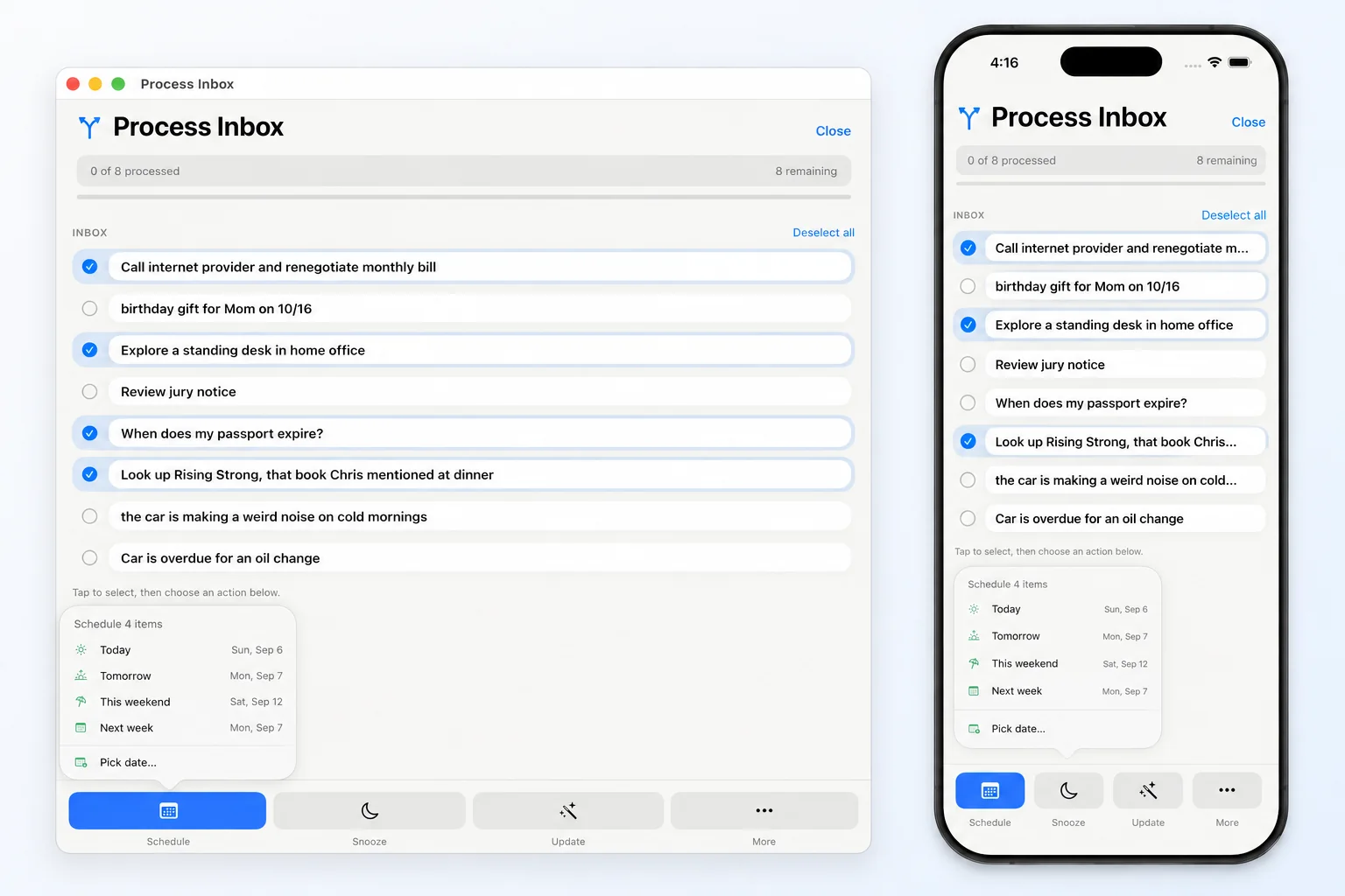 Process Inbox on Mac and iPhone with four items selected and the Schedule menu open