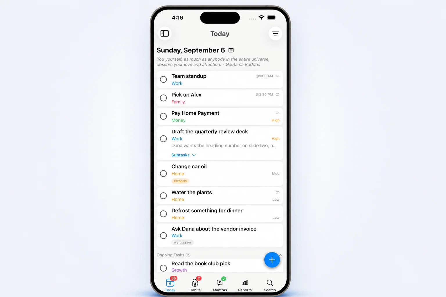 The Today screen in PathDay showing the day’s scheduled tasks