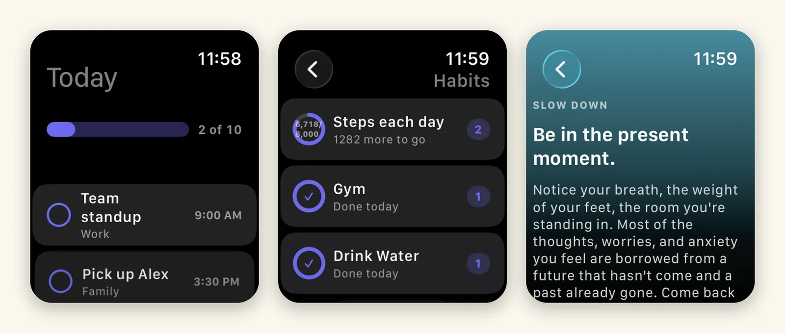 PathDay on Apple Watch showing the Today hub, the Habits list with a step ring, and a mantra